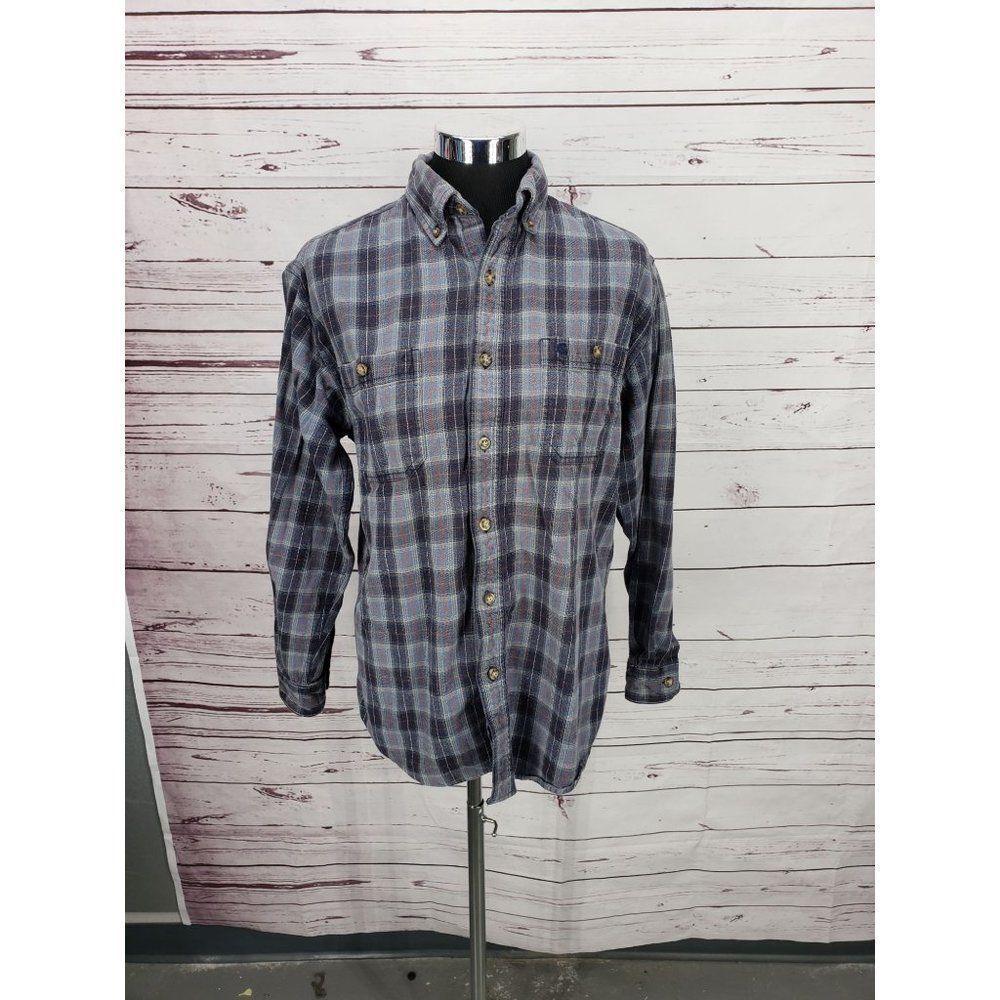 Carhartt Mens Flannel Shirt Medium Blue Grey Plaid Long Sleeve Button Down